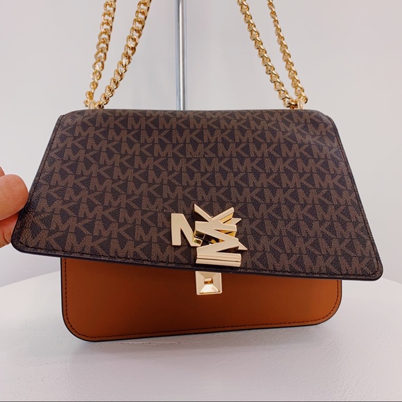 Michael Kors Mott Lg Chain Shoulder Leather Brown - Picture 5 of 14